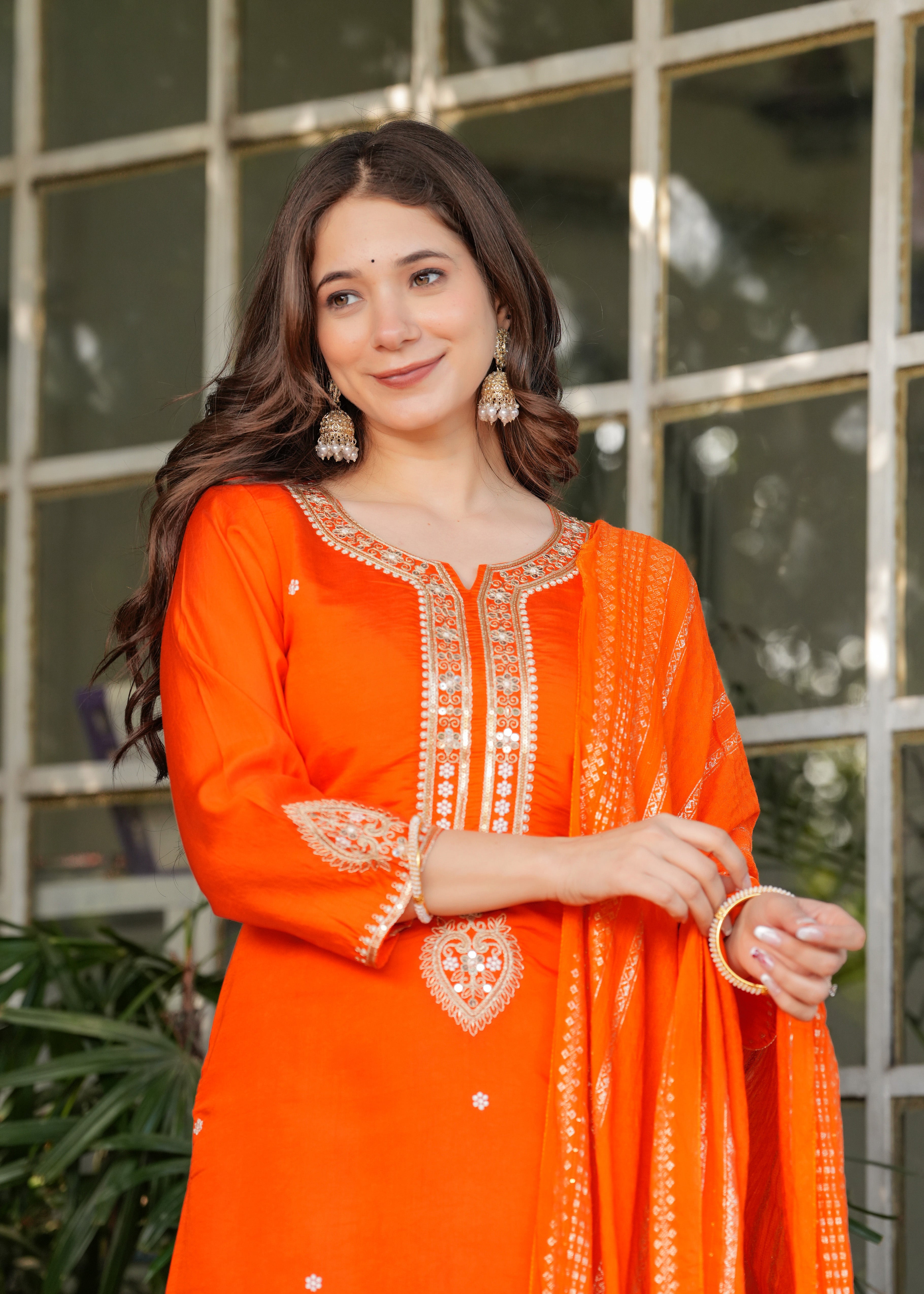 Astonishing Orange Embroidered Viscose Festival Wear Pant Suit