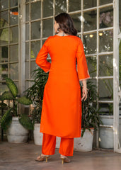 Astonishing Orange Embroidered Viscose Festival Wear Pant Suit