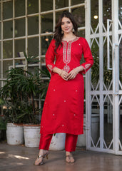 LOVELY RED EMBROIDERED VISCOSE FESTIVAL WEAR PANT SUIT WITH DUPATTA