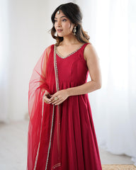 ARTISTIC RED CHANDERI SILK MIRROR LACE WORK ANARKALI SUIT WITH DUPATTA