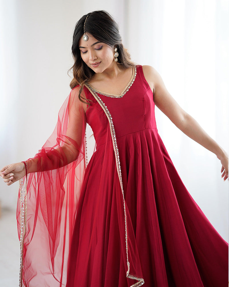 ARTISTIC RED CHANDERI SILK MIRROR LACE WORK ANARKALI SUIT WITH DUPATTA