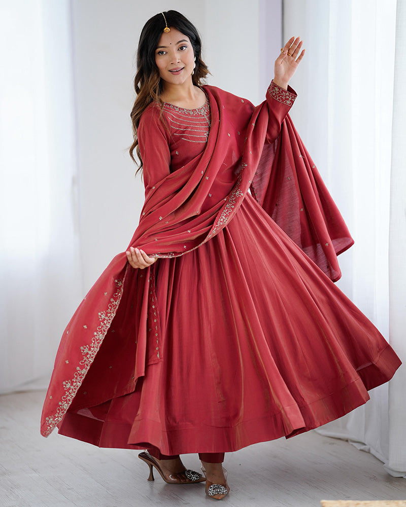 TIMELESS MAROON CHANDERI SILK EMBROIDERED PARTY WEAR ANARKALI SUIT