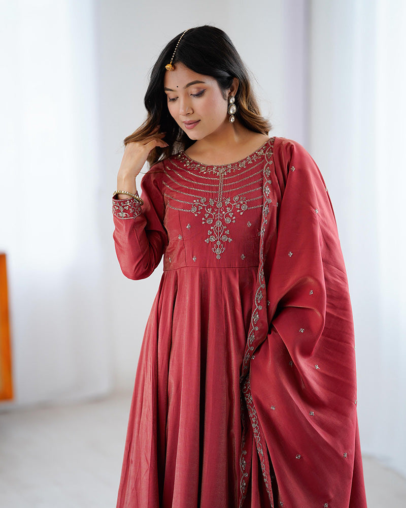 TIMELESS MAROON CHANDERI SILK EMBROIDERED PARTY WEAR ANARKALI SUIT