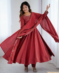 TIMELESS MAROON CHANDERI SILK EMBROIDERED PARTY WEAR ANARKALI SUIT