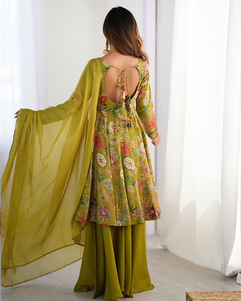 Stunning Mehndi Printed Silk Festive Wear Palazzo Suit With Dupatta