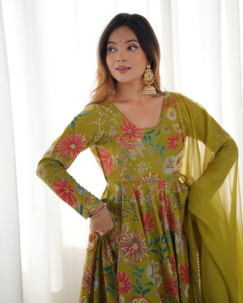 Stunning Mehndi Printed Silk Festive Wear Palazzo Suit With Dupatta
