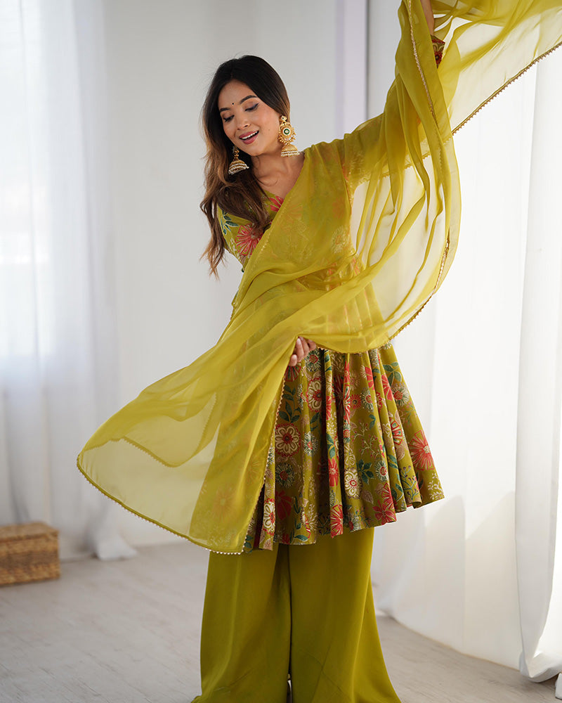 Stunning Mehndi Printed Silk Festive Wear Palazzo Suit With Dupatta