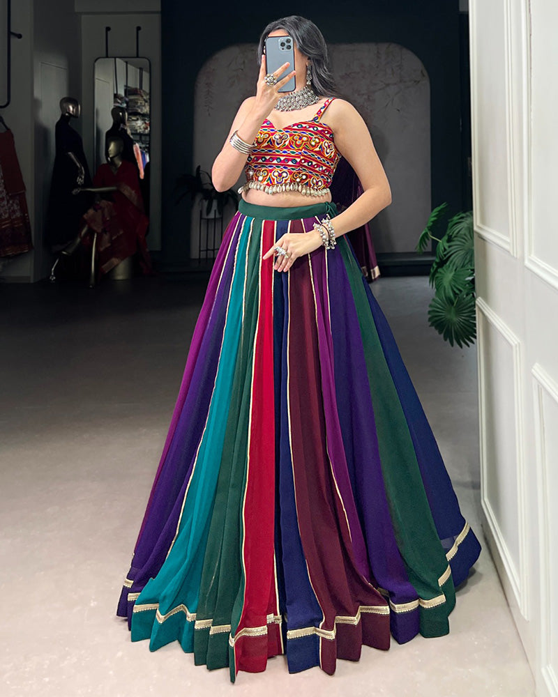 MULTI COLOR ORIGINAL MIRROR GAMTHI WORK GEORGETTE GHAGHRA CHOLI