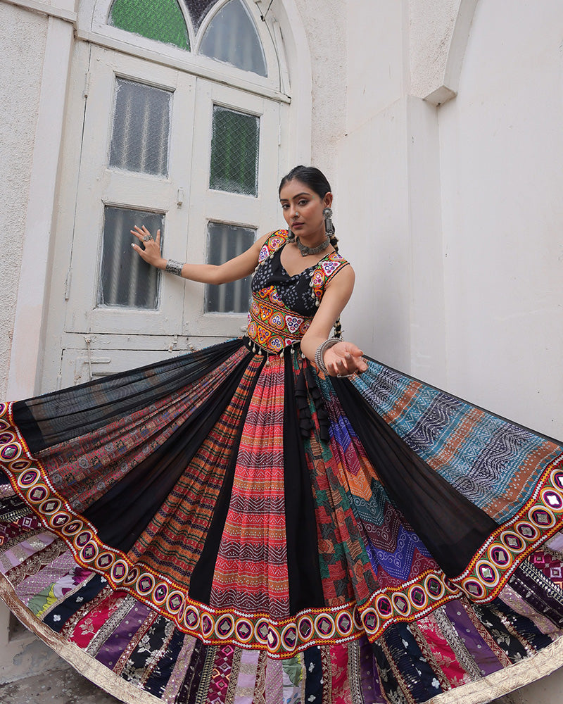 ARTISTIC BLACK BANDHANI PRINTED NAVRATRI WEAR CROP TOP LEHENGA