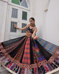 ARTISTIC BLACK BANDHANI PRINTED NAVRATRI WEAR CROP TOP LEHENGA