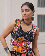 ARTISTIC BLACK BANDHANI PRINTED NAVRATRI WEAR CROP TOP LEHENGA