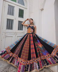ARTISTIC BLACK BANDHANI PRINTED NAVRATRI WEAR CROP TOP LEHENGA