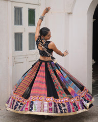ARTISTIC BLACK BANDHANI PRINTED NAVRATRI WEAR CROP TOP LEHENGA