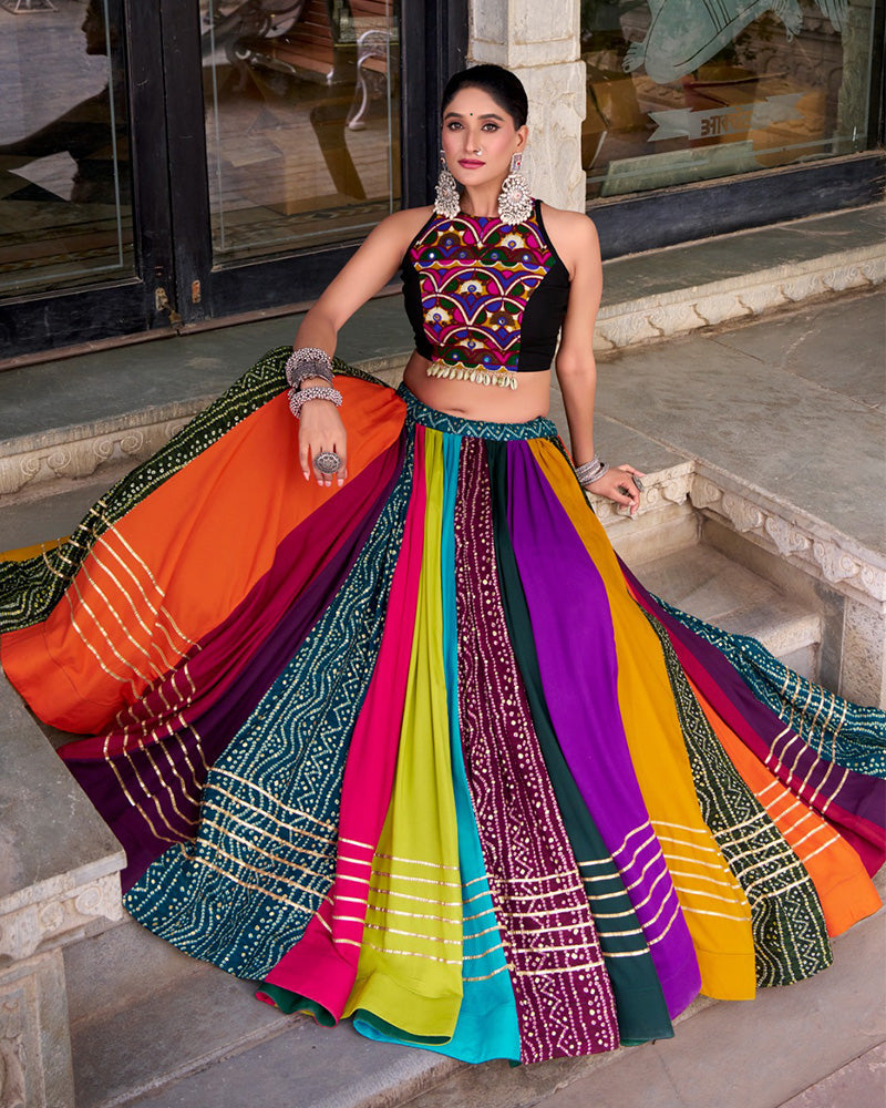 MULTI COLOR ORIGINAL MIRROR GAMTHI WORK WITH LACE TOUCH UP RAYON CHANIYA CHOLI
