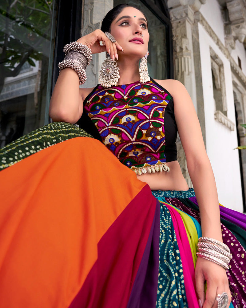 MULTI COLOR ORIGINAL MIRROR GAMTHI WORK WITH LACE TOUCH UP RAYON CHANIYA CHOLI