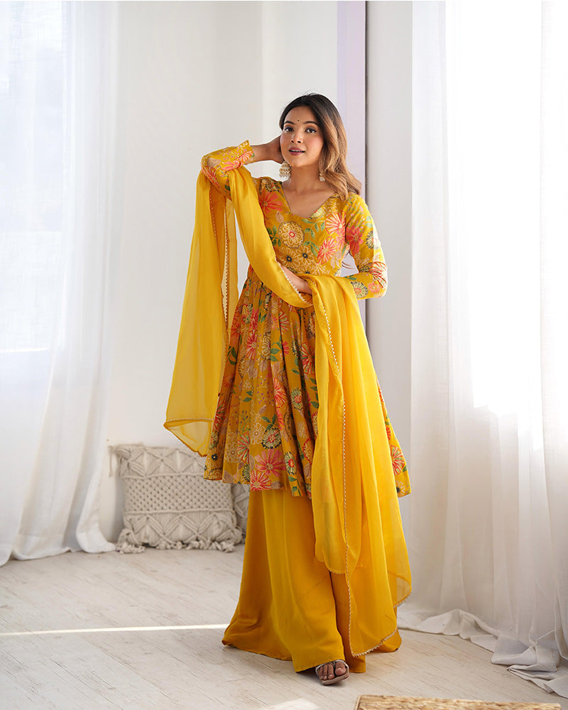 Stunning Yellow Floral Printed Silk Designer Palazzo Suit With Dupatta