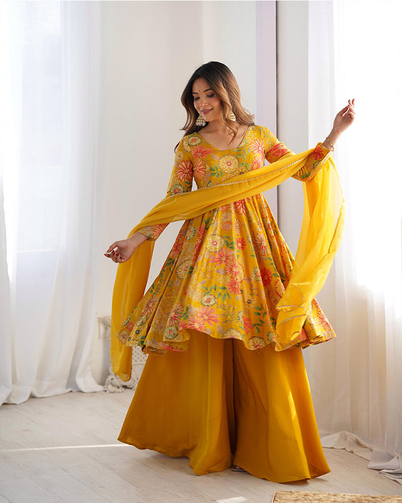 Stunning Yellow Floral Printed Silk Designer Palazzo Suit With Dupatta
