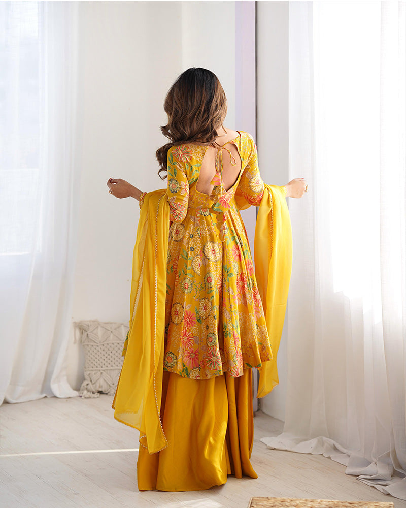 Stunning Yellow Floral Printed Silk Designer Palazzo Suit With Dupatta