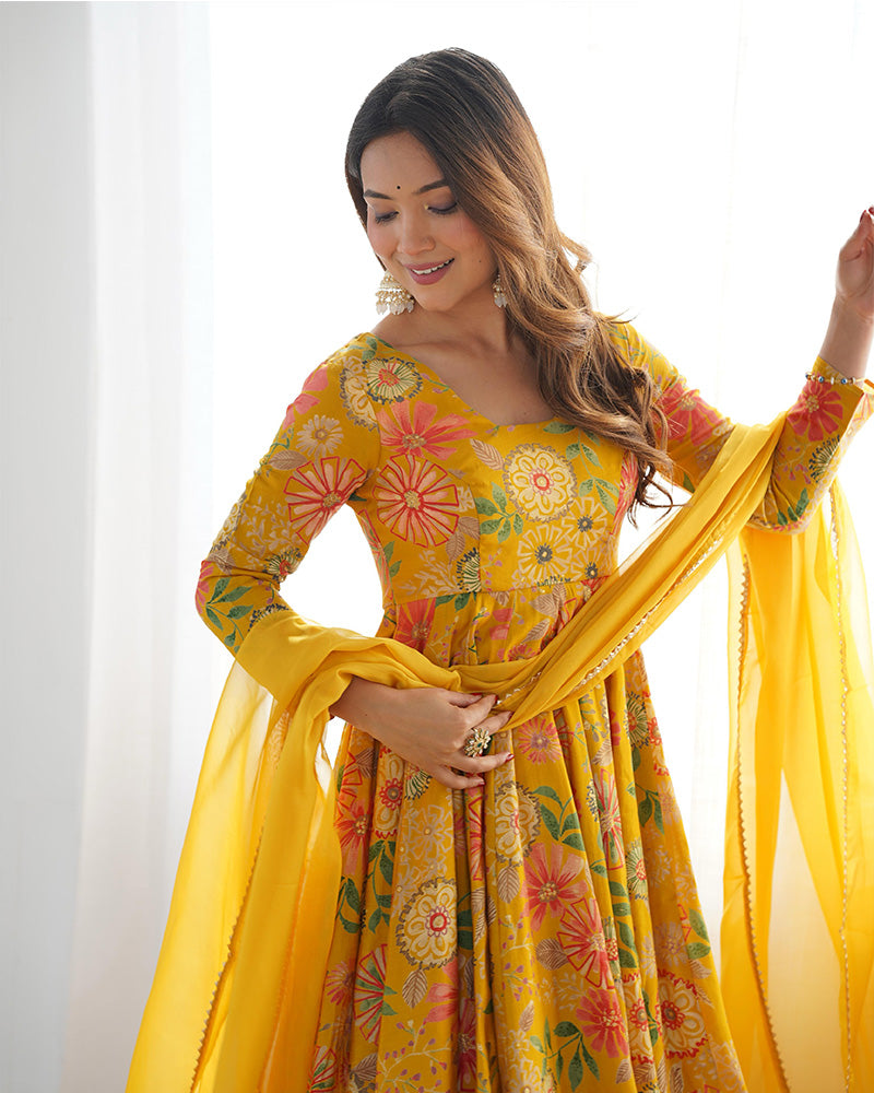 Stunning Yellow Floral Printed Silk Designer Palazzo Suit With Dupatta