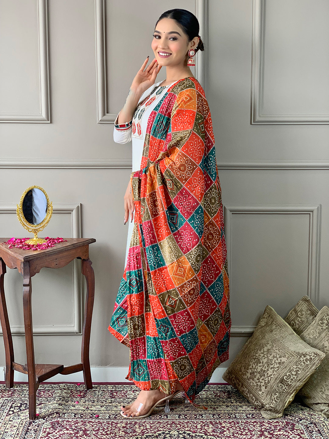Designer White Kurti With Bandhani Dupatta