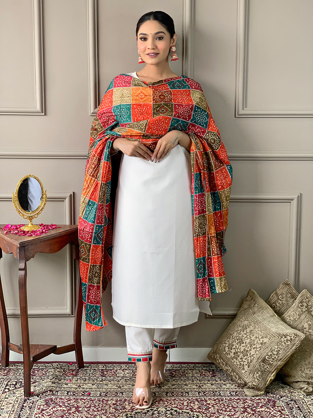 Designer White Kurti With Bandhani Dupatta