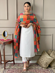 Designer White Kurti With Bandhani Dupatta