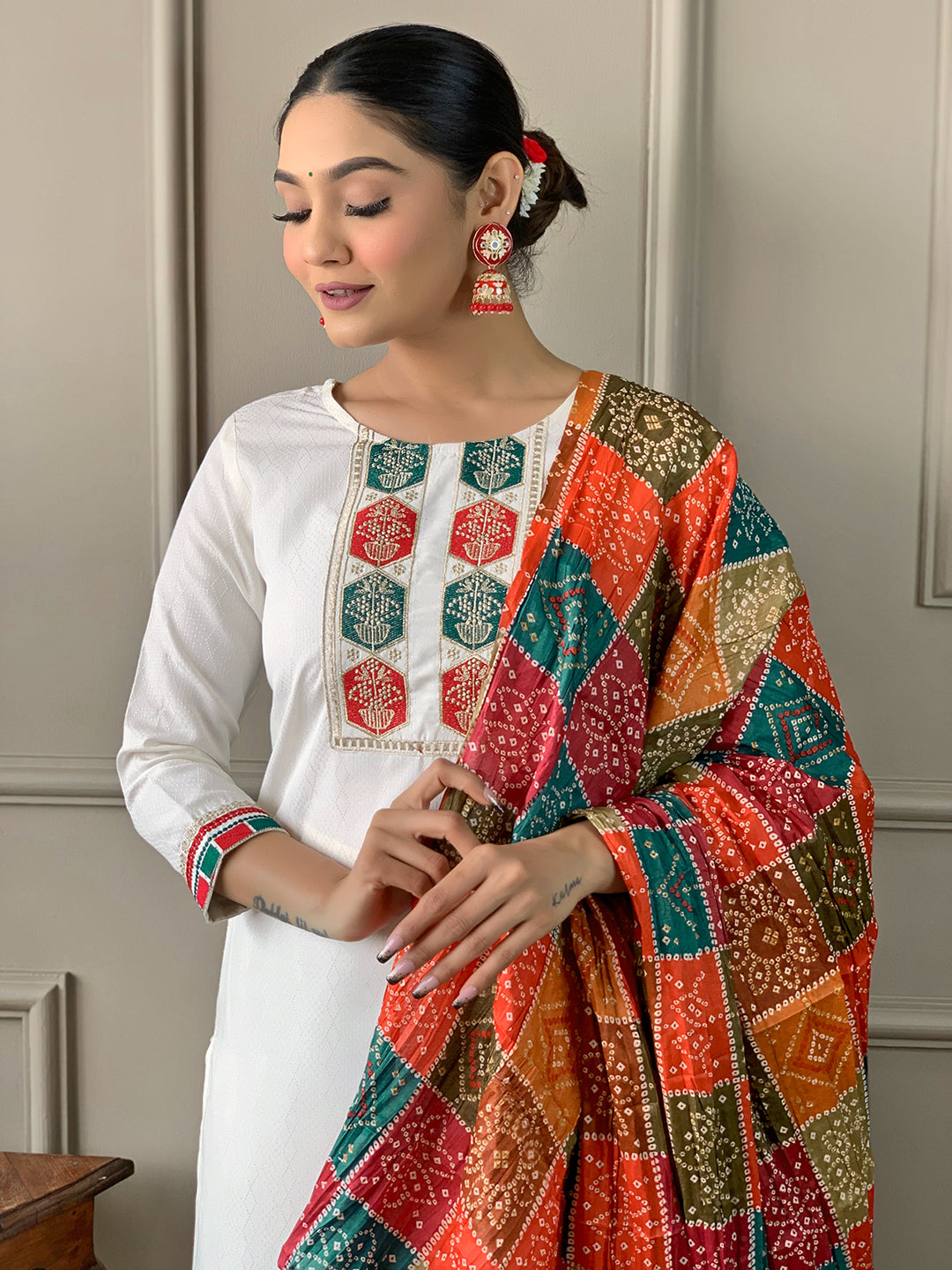 Designer White Kurti With Bandhani Dupatta