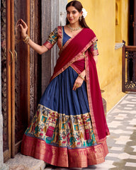 STUNNING NAVY BLUE ZARI WEAVING ONAM WEAR HALF SAREE LEHENGA