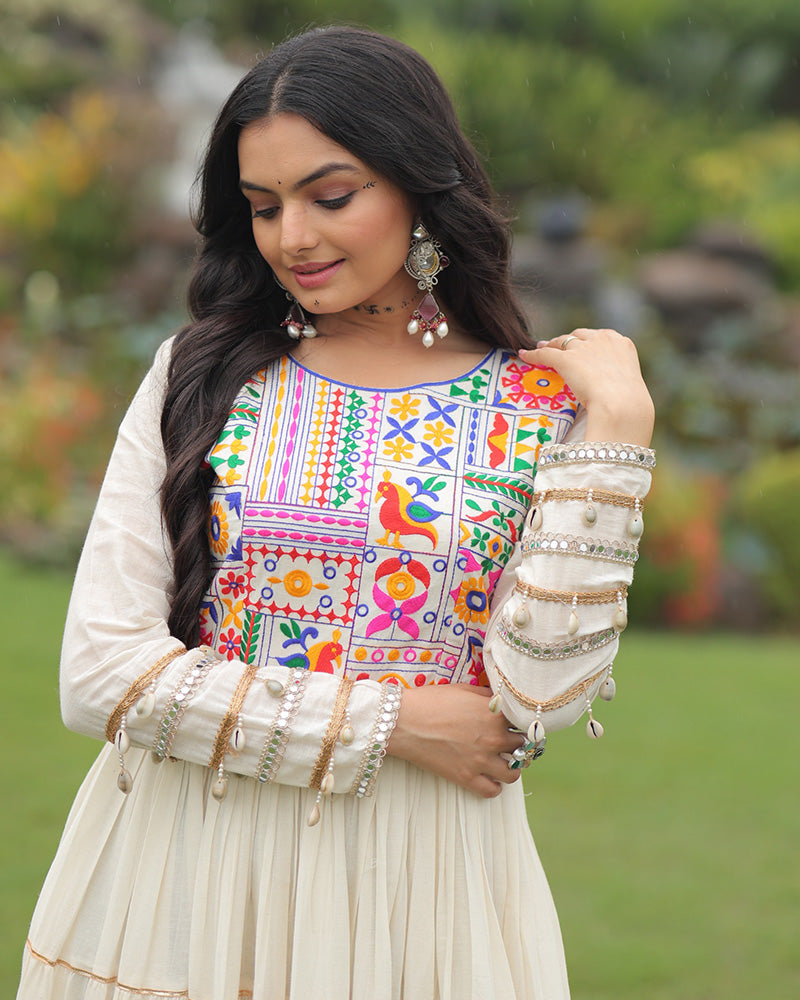 OFF-WHITE MULTI-THREAD KORA COTTON FESTIVE NAVRATRI GOWN