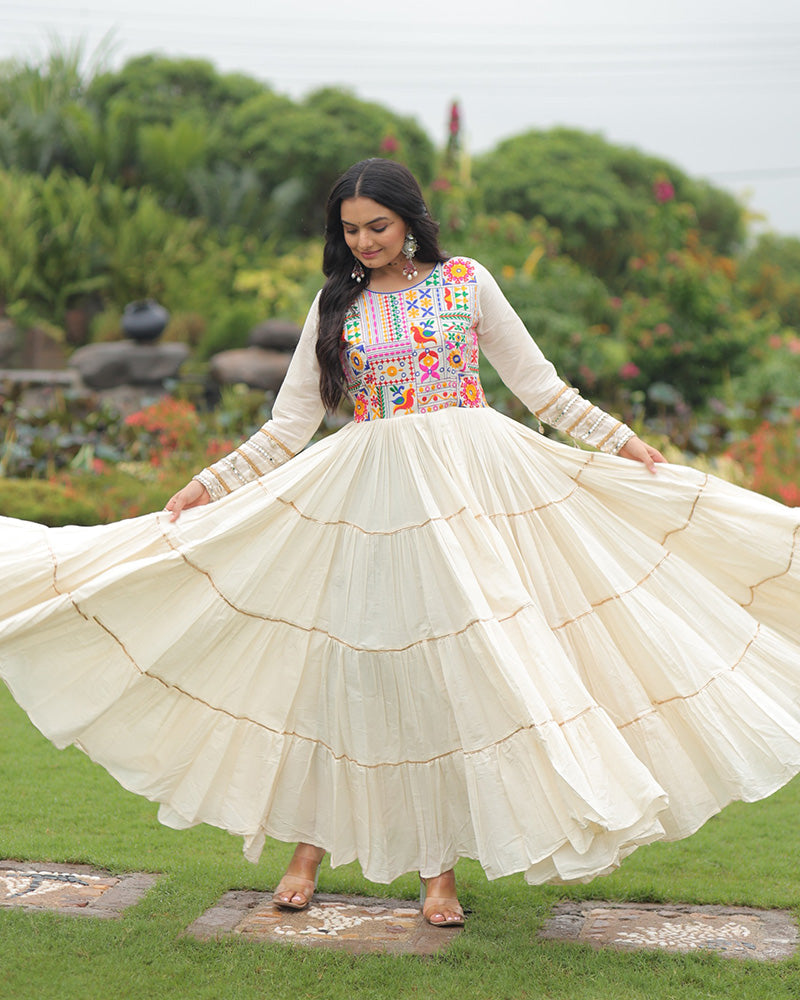 OFF-WHITE MULTI-THREAD KORA COTTON FESTIVE NAVRATRI GOWN