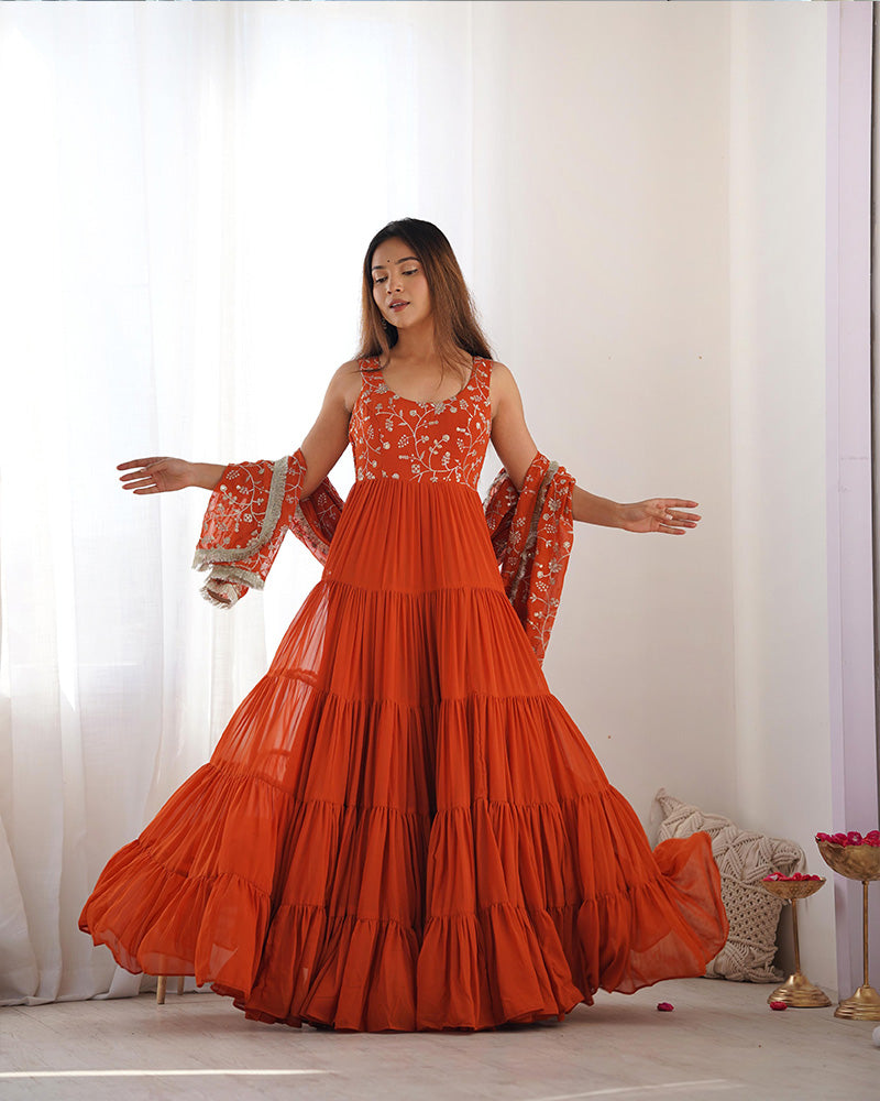 Bewitching Orange Embroidered Georgette Anarkali Gown With Dupatta