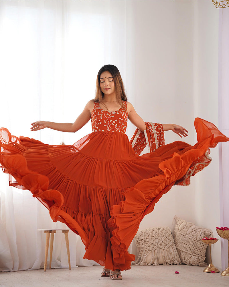 Bewitching Orange Embroidered Georgette Anarkali Gown With Dupatta