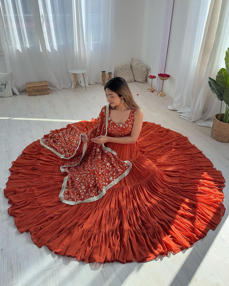 Bewitching Orange Embroidered Georgette Anarkali Gown With Dupatta