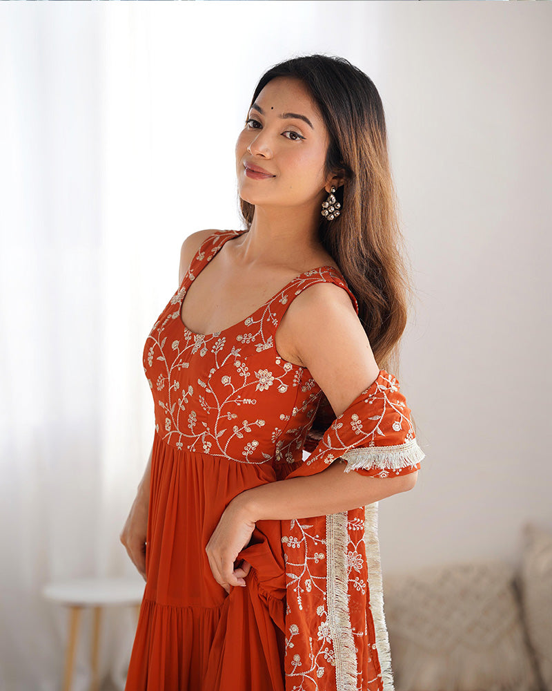 Bewitching Orange Embroidered Georgette Anarkali Gown With Dupatta