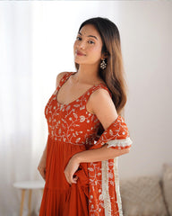 Bewitching Orange Embroidered Georgette Anarkali Gown With Dupatta