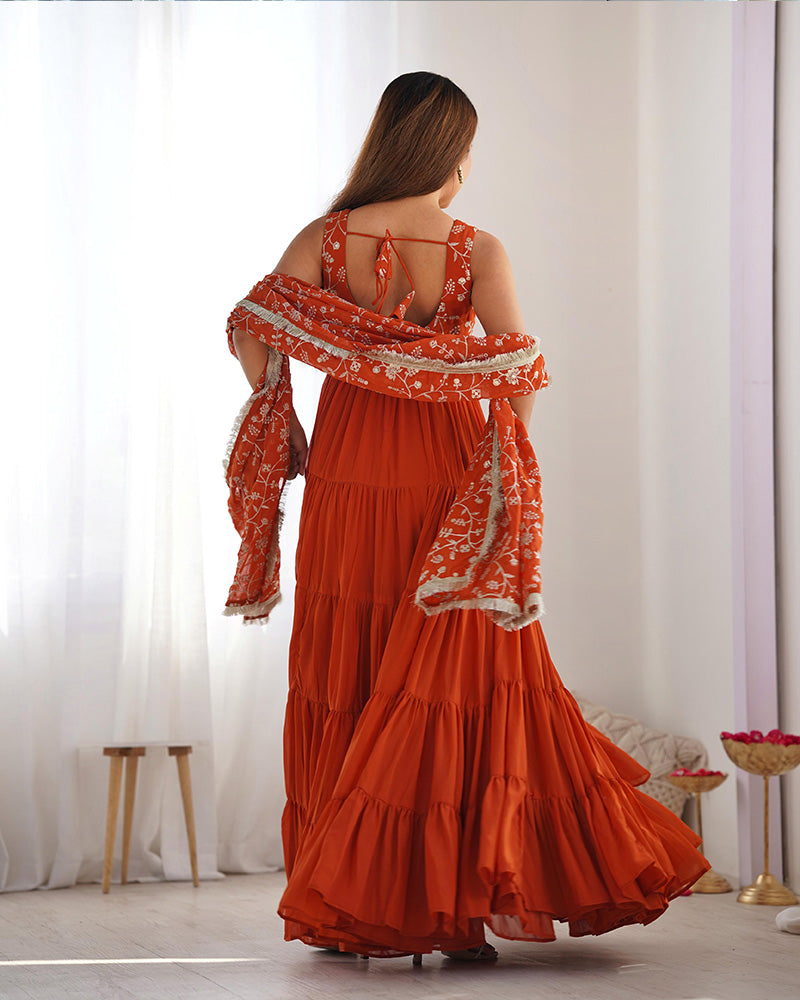 Bewitching Orange Embroidered Georgette Anarkali Gown With Dupatta