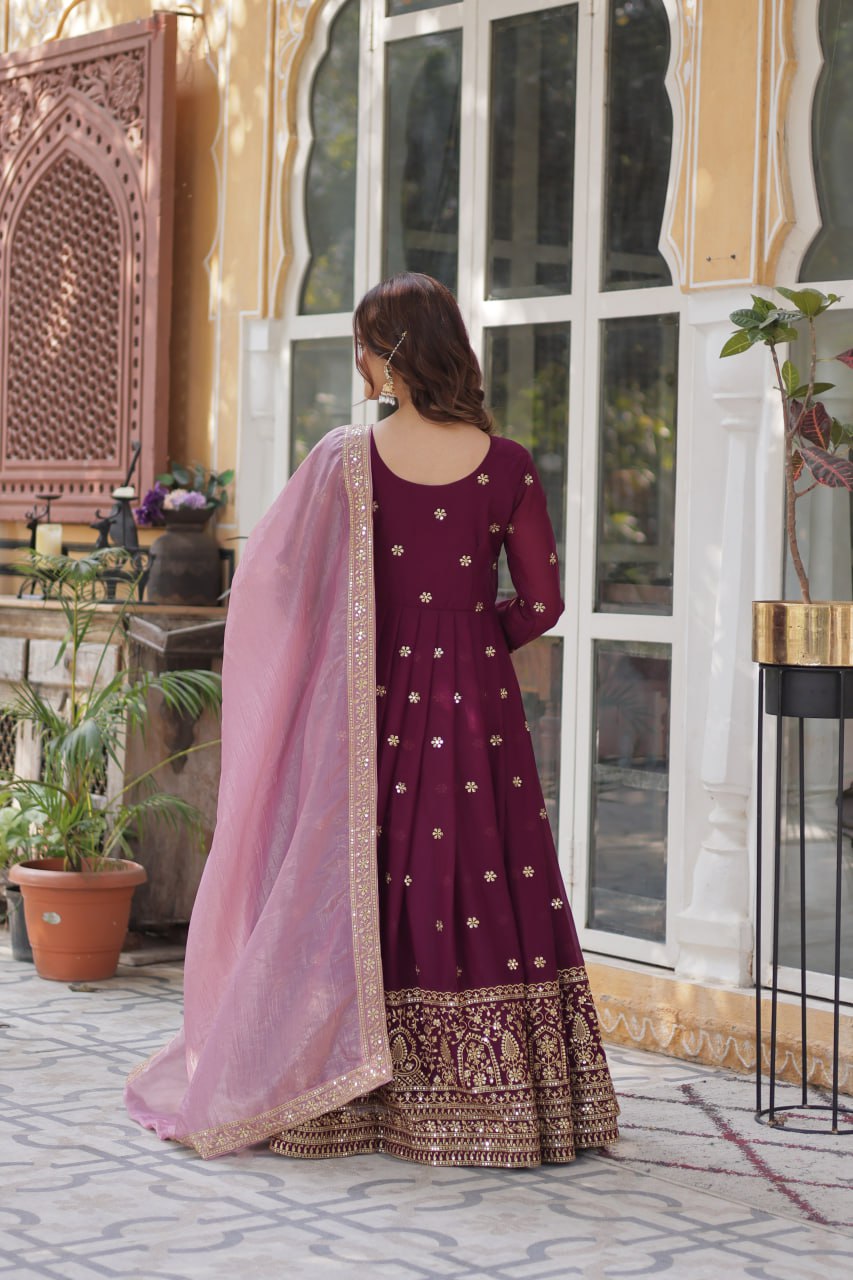 Plum Embroidered Georgette Anarkali Set