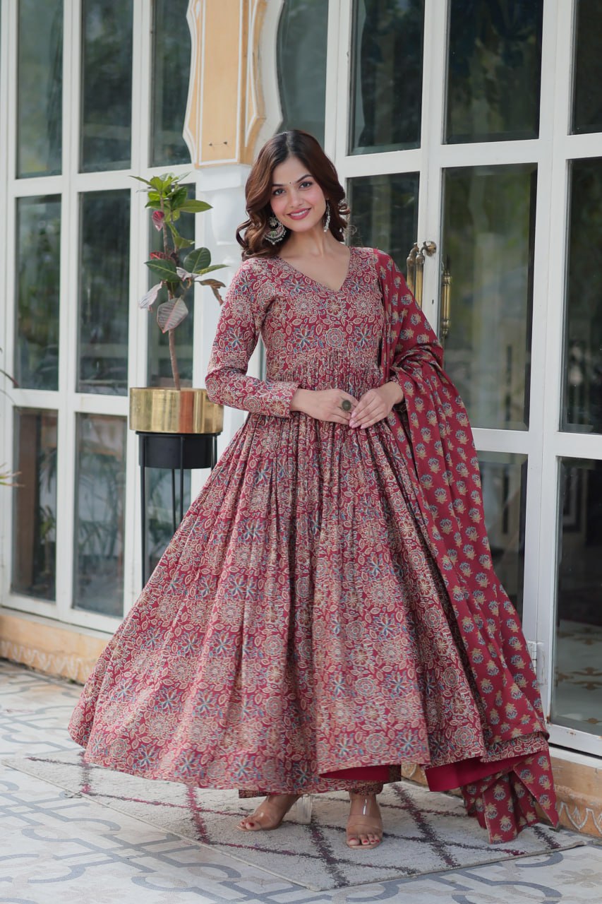 Premium Pure Cotton Printed Anarkali Kurti With Pant & Dupatta Set For Women – Ready To Wear Ethnic Suit (2 Colors Available)