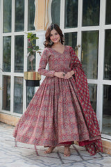 Premium Pure Cotton Printed Anarkali Kurti With Pant & Dupatta Set For Women – Ready To Wear Ethnic Suit (2 Colors Available)