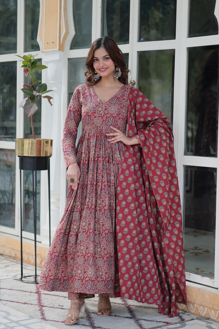 Premium Pure Cotton Printed Anarkali Kurti With Pant & Dupatta Set For Women – Ready To Wear Ethnic Suit (2 Colors Available)