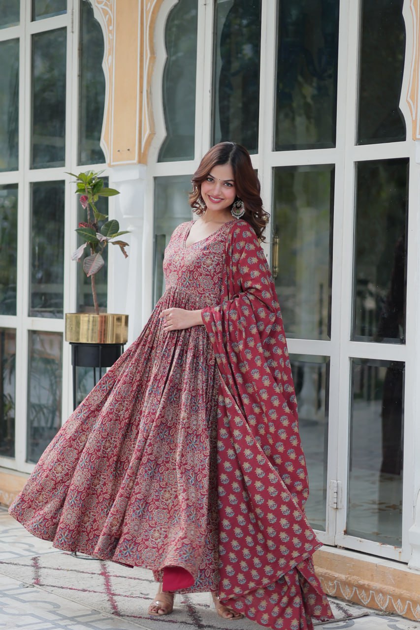 Premium Pure Cotton Printed Anarkali Kurti With Pant & Dupatta Set For Women – Ready To Wear Ethnic Suit (2 Colors Available)