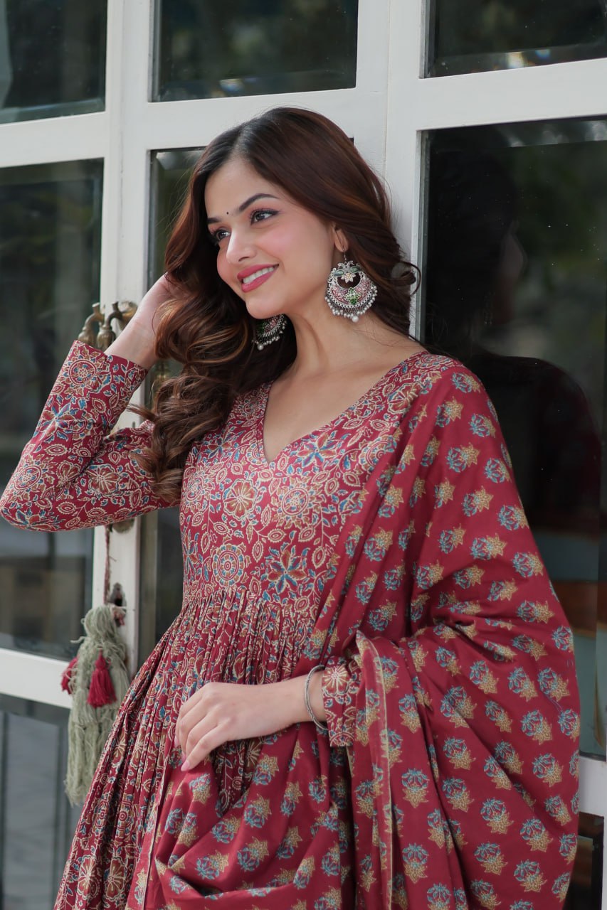 Premium Pure Cotton Printed Anarkali Kurti With Pant & Dupatta Set For Women – Ready To Wear Ethnic Suit (2 Colors Available)