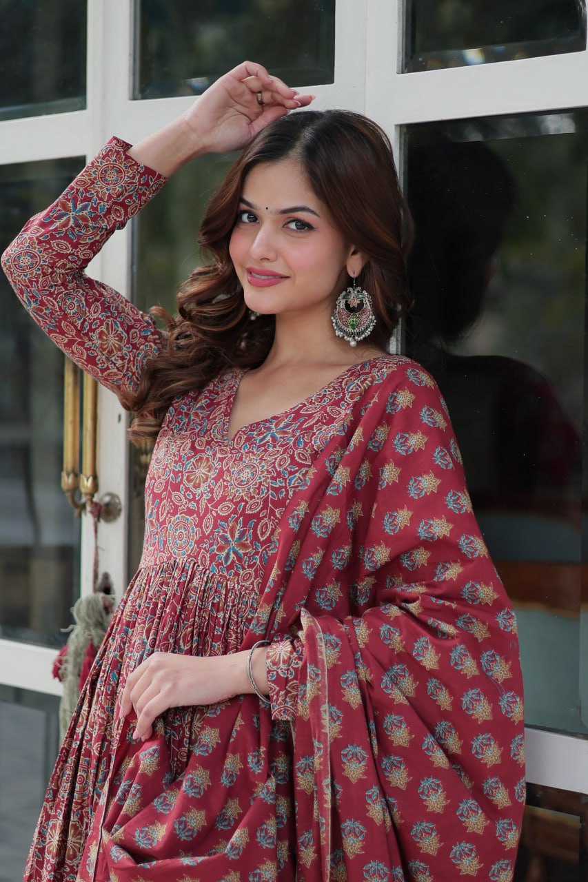 Premium Pure Cotton Printed Anarkali Kurti With Pant & Dupatta Set For Women – Ready To Wear Ethnic Suit (2 Colors Available)