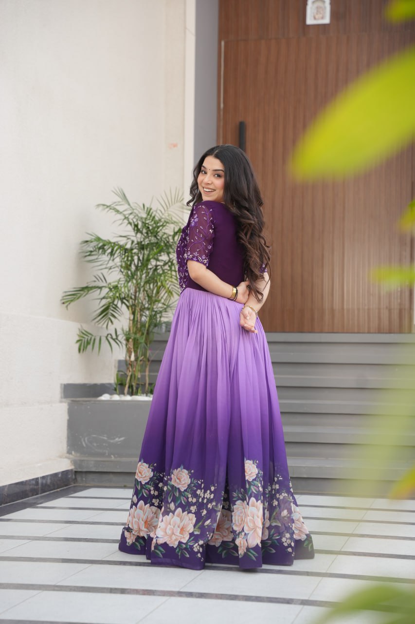 PURPLE COLOR FAUX BLOOMING EMBROIDERED WORK GOWN