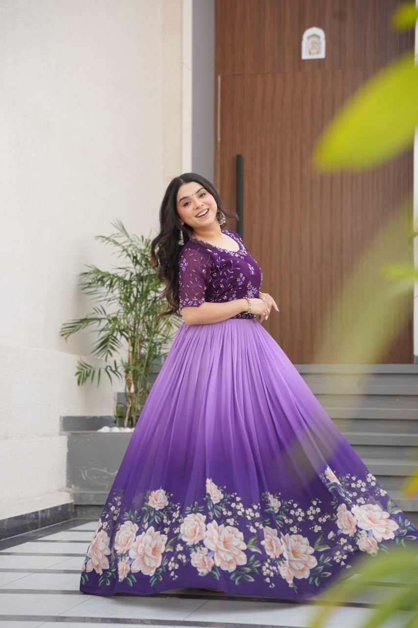 PURPLE COLOR FAUX BLOOMING EMBROIDERED WORK GOWN