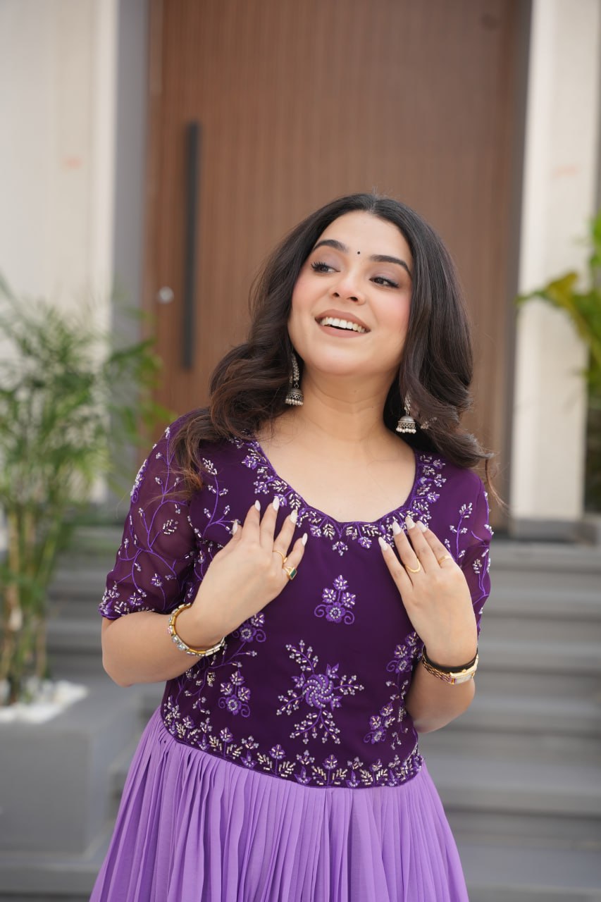 PURPLE COLOR FAUX BLOOMING EMBROIDERED WORK GOWN