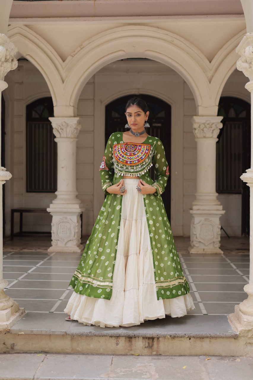 KORA COTTON STYLISH FRILL STITCHING BEAUTIFUL NAVRATRI LEHENGA WITH BANDHANI PRINTED KURTI