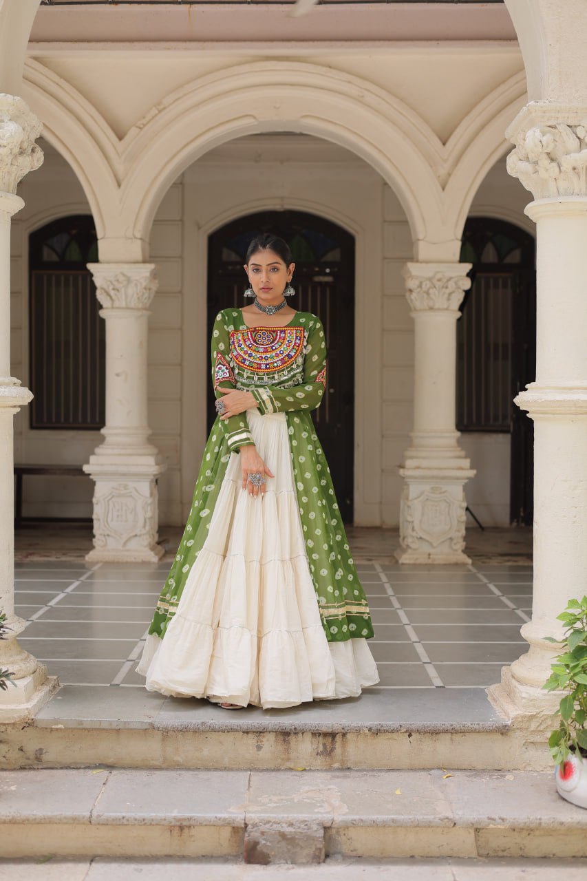 KORA COTTON STYLISH FRILL STITCHING BEAUTIFUL NAVRATRI LEHENGA WITH BANDHANI PRINTED KURTI