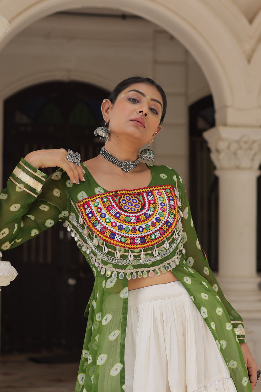 KORA COTTON STYLISH FRILL STITCHING BEAUTIFUL NAVRATRI LEHENGA WITH BANDHANI PRINTED KURTI
