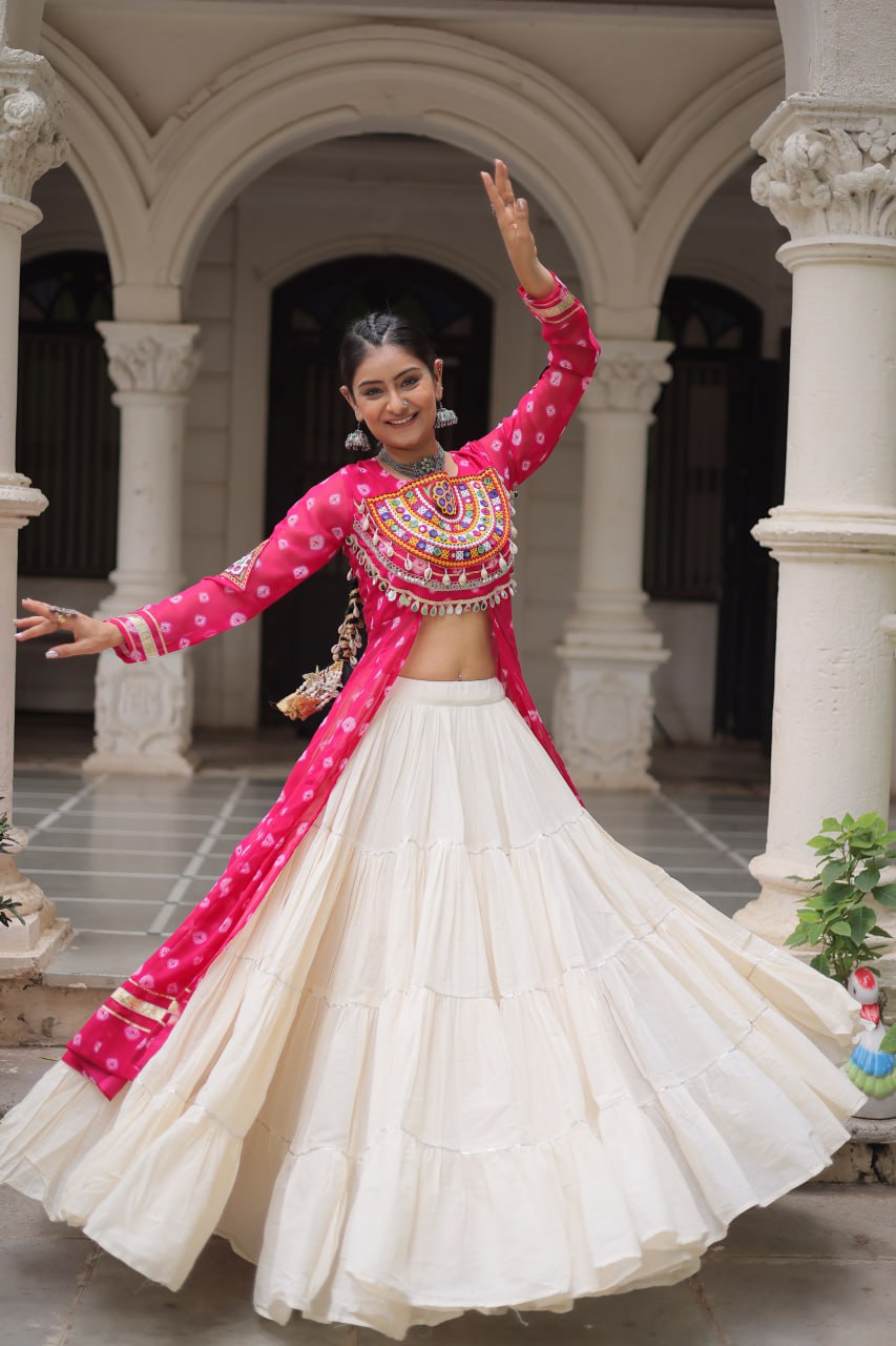 KORA COTTON STYLISH FRILL STITCHING BEAUTIFUL NAVRATRI LEHENGA WITH BANDHANI PRINTED KURTI